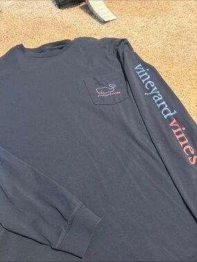 Vineyard Vines Navy Long Sleeve Pocket Tee with Blue and Coral Sleeve Logo